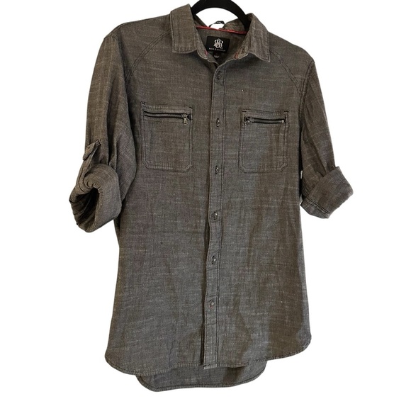 Rock & Republic stretch denim chambray roll sleeve shirt with zippers Size M - Picture 2 of 11